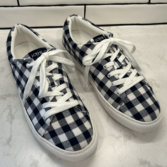J. Crew Factory Navy Blue Gingham Printed Canvas Lace Up Road Trip Sneakers SZ 9 - Picture 2 of 16